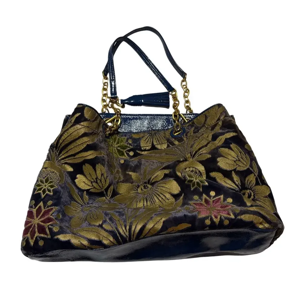 Tory Burch Cosmic Floral Fleming Tote Floral Velvet Blue Leather Shoulder Bag